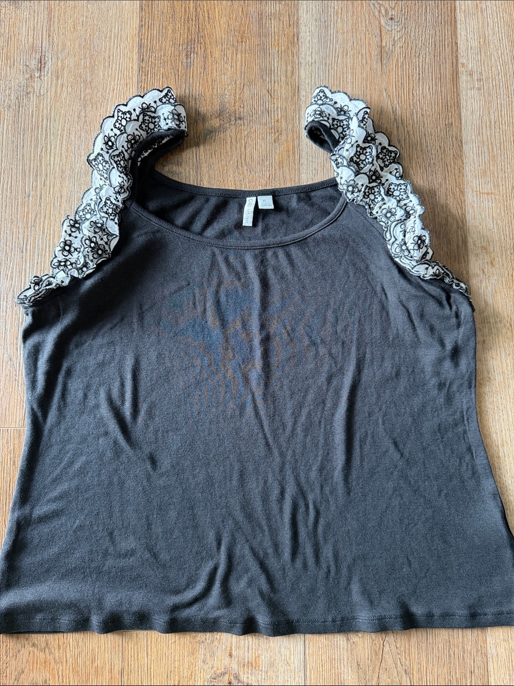 Cato Black Tank Top with White Lace Ruffle Shoulders